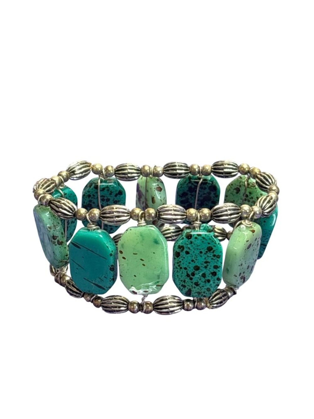 Green Brown Speckled Plastic Beaded Stretchy Bracelet Textured Unstretched